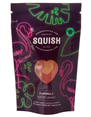 Vegan Flamingle Gummies (Squish) - Purple bag of Squish Vegan Flamingle Gummies with neon flamingo and leaf designs, handmade Canadian gift.