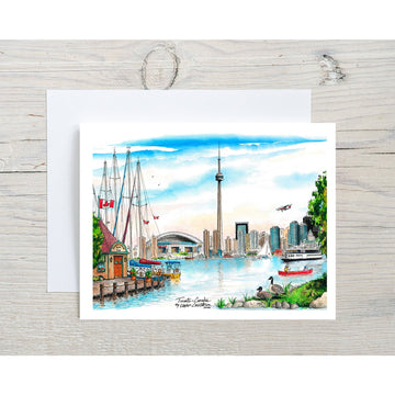 Toronto Island Skyline Greeting Card (David Crighton) - Handmade Canadian greeting card featuring Toronto Island skyline watercolor with CN Tower and sailboats.