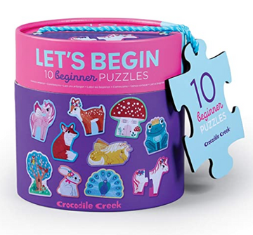 Let's Begin 2-Piece Puzzles: Unicorn - Handmade Canadian 2-piece unicorn puzzle set in colorful cylindrical gift box by Crocodile Creek.