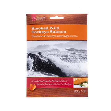 Smoked Wild Sockeye Smoked Salmon 4oz - Smoked Wild Sockeye Salmon 4oz package featuring handmade Canadian gourmet gift design with ocean wave photo.
