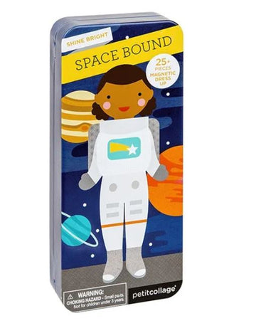 Shine Bright Space Bound Magnetic Dress Up (Petit Collage) - Magnetic dress-up astronaut doll with colorful space-themed outfit pieces in a slender tin, unique handmade Canadian gift.