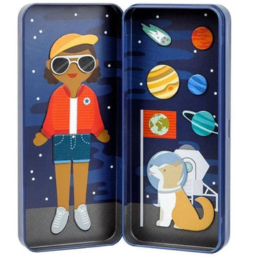 Shine Bright Space Bound Magnetic Dress Up (Petit Collage) - Handmade Canadian magnetic dress-up toy with space-themed pieces, gift for kids aged 4-8.