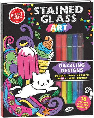Stained Glass Art: Dazzling Designs - Klutz Stained Glass Art kit with colorful markers and playful handmade designs, unique Canadian gift.