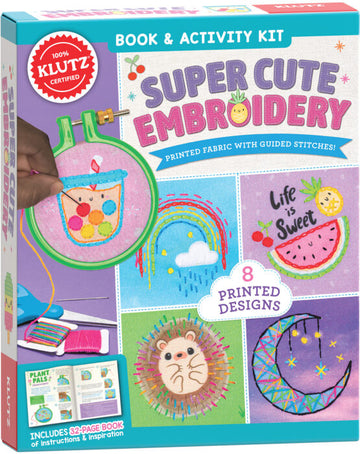 Super Cute Embroidery - Klutz Super Cute Embroidery book and activity kit with colorful embroidered fabric designs, unique handmade Canadian gift.