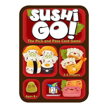 Sushi Go! (Game) - Sushi Go! card game with colorful sushi characters on red background, unique Canadian handmade gift.