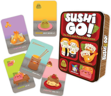 Sushi Go! (Game) - Sushi Go! card game with colorful sushi-themed cards and red tin container, unique Canadian handmade gift.