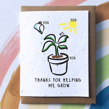 Thanks for Helping me Grow Greeting Card (SowSweet) - Handmade Canadian greeting card with plant illustration and "Thanks for Helping Me Grow" text, unique gift design.