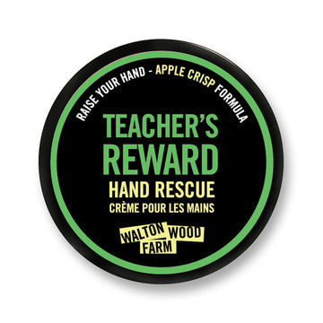 Teachers Reward Hand Rescue (4oz) - Black round tin of Teacher's Reward Hand Rescue cream with green and yellow text, Canadian handmade gift.