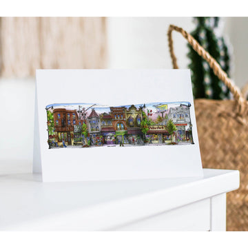 The Junction Greeting Card (David Crighton) - Handmade Canadian greeting card featuring colorful Junction neighborhood illustration, unique gift design.