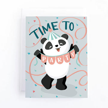 Time to Party Greeting Card - Handmade Canadian greeting card with dancing panda, party hat, and "Time to Party" text gift design.