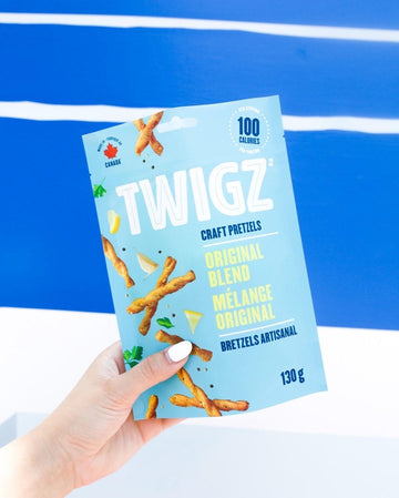 Twigz Pretzel Sticks - Original Blend - Light blue bag of Twigz Pretzel Sticks Original Blend, Canadian handmade gourmet snack gift.