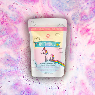 Unicorn Dust - bubble bath dust - Unicorn Dust bubble bath dust in pastel reusable pouch with rainbow unicorn, handmade Canadian gift.