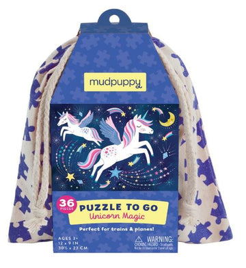 Unicorn Magic Puzzle to Go - Handmade Canadian Unicorn Magic puzzle to go with 36 pieces in a blue drawstring bag, unique gift for kids.