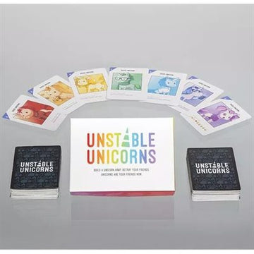 Unstable Unicorns (Card Game) - Unstable Unicorns card game with colorful cards and white box featuring rainbow text, unique handmade Canadian gift.