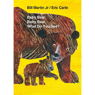 A yellow book with a large bear looking down at the baby bear. Above them in right text reads 