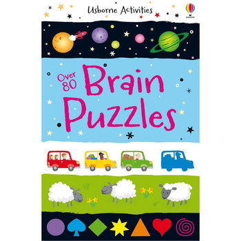 Over 80 Brain Puzzles - Over 80 Brain Puzzles activity book with colorful space and vehicle illustrations, unique Canadian handmade gift.