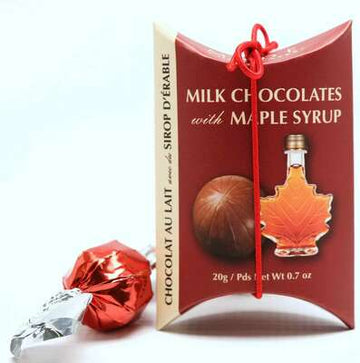MADE Chocolate Pillow Boxes (Maple or Ice Wine) - Handmade Canadian chocolate pillow box gift with maple syrup design and red tie.