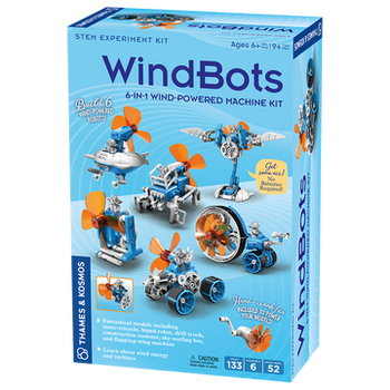 WindBots: 6-in-1 Wind-Powered Machine Kit - WindBots 6-in-1 wind-powered machine kit with blue box, showcasing six assembled models, unique STEM gift, handmade,.