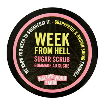 Week From Hell Sugar Scrub (8oz) - Round black container of Week From Hell grapefruit and brown sugar scrub with bright yellow and pink text, unique handmade.