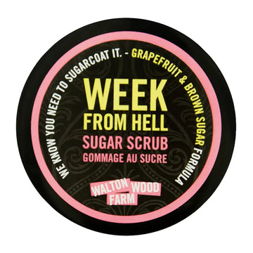 Week From Hell Sugar Scrub (8oz) - Round black container of Week From Hell grapefruit and brown sugar scrub with bright yellow and pink text, unique handmade.