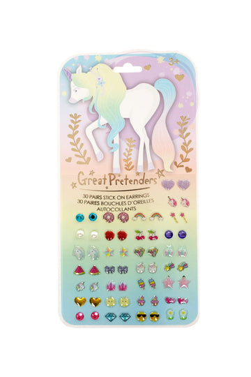 Whimsical Unicorn Sticker Earrings - Handmade whimsical unicorn sticker earrings with pastel colors on Canadian Great Pretenders card, unique gift.