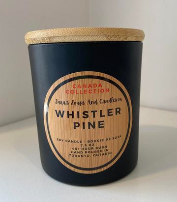 Whistler Pine Wood Wick Candle - Black matte glass candle with wooden lid, Whistler Pine scent, handmade Canadian gift.