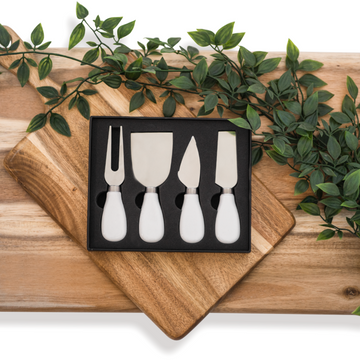 Lynn & Liana Cheese Knife Set - White Ceramic or Acacia Wood - Handmade Canadian white ceramic cheese knife set with four unique blades, perfect gift.