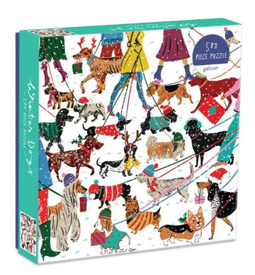 Winter Dogs 500pc Puzzle - Colorful winter dogs dressed in festive outfits on 500pc handmade Canadian puzzle gift box.