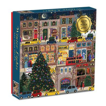 Winter Lights 500pc Foil Puzzle - Winter Lights 500pc foil puzzle with festive Christmas town scene, handmade Canadian gift with cozy lights and snow.