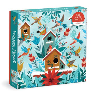 Winter Perch 500pc Puzzle - Winter Perch 500-piece handmade Canadian puzzle with colorful birds and birdhouses on a blue background, unique gift.