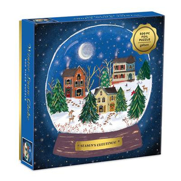Winter Snow Globe 500pc Foil Puzzle - Winter snow globe 500-piece foil puzzle with handmade Canadian holiday village scene gift.