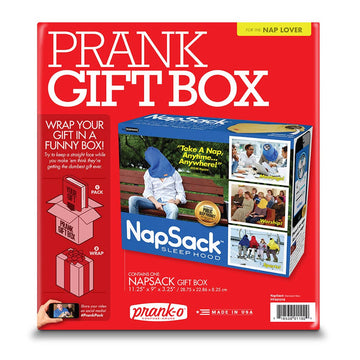 Prank Gift Box Nap Sack - Red prank gift box with bold white text and images showcasing a unique handmade Canadian Nap Sack gift inside.