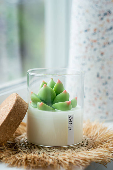 Succulent Soy Candle | Soy Blend - Handmade Canadian soy candle with green succulent stem wick in clear glass jar, unique gift.