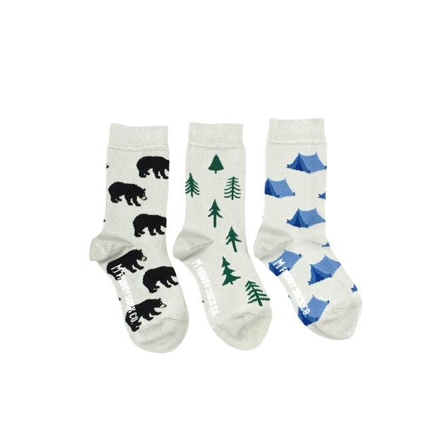 Toddler socks with tent, tree and bear pattern