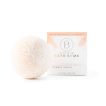 Pomelo Grove Bath Bomb - Pomelo Grove Bath Bomb with creamy off-white speckled texture, unique handmade Canadian gift in branded box.