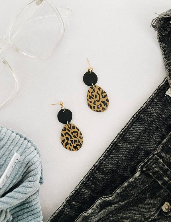Calla in Black and Leopard, Polymer Clay Earrings