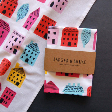 Little Houses Tea Towel - Handmade Canadian tea towel with colorful unique little houses, perfect gift by Badger & Burke.