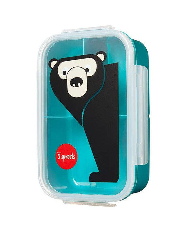 A blue lunch container with a clear lid with a black bear on it