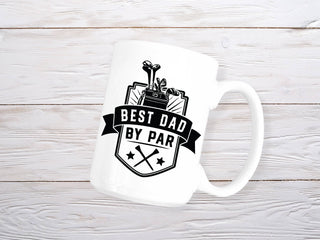 A black and white mug with golf clubs and the words 