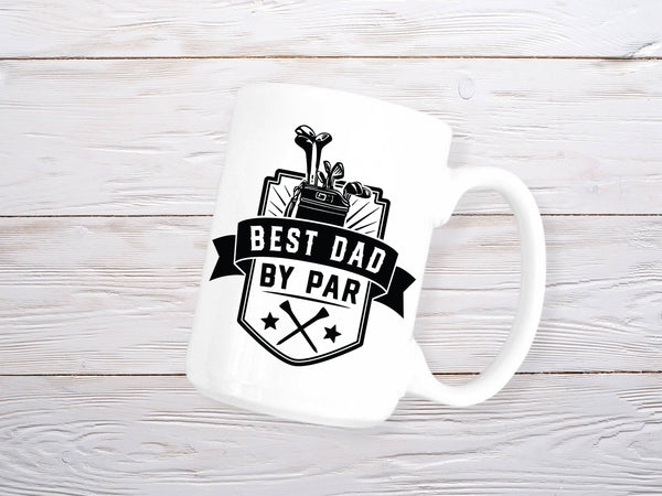 A black and white mug with golf clubs and the words 