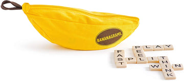 Bananagrams Game - Yellow banana-shaped pouch with Bananagrams logo and wooden letter tiles spelling words, unique Canadian gift game.