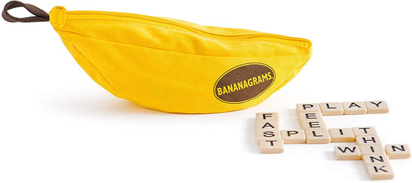 A bag shaped like a banana next a pile of small, beige tiles with letters on them
