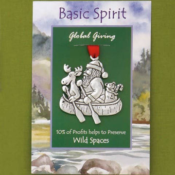 Santa Canoe Wild Spaces Global Giving Ornament - Handmade Canadian Santa in canoe ornament with moose and dog, unique Christmas gift.