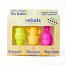 GIFT SET 3 Pack Lip Balm -  SUMMER EDITION - Handmade Canadian lip balm gift set with lemonade, clementine, and watermelon scents in colorful, unique container designs.