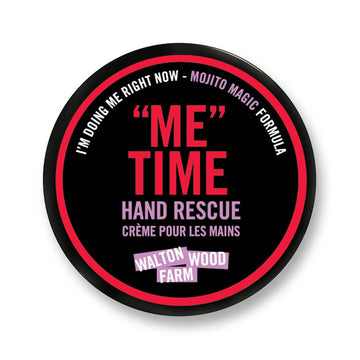 "Me Time" Hand Rescue (4oz) - Round black tin of "Me Time" Hand Rescue cream with pink and white text, unique handmade Canadian gift.