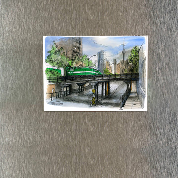 Go Train Ontario Magnet - Handmade unique Canadian GO Train magnet featuring Toronto cityscape with green train and CN Tower gift.