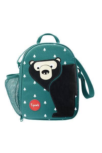 A blue lunch bag with a side net pouch for a water bottle. On the front there is a black bear