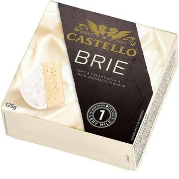 Brie Cheese - Castello Brie cheese in black and cream packaging, handmade Canadian gourmet gift, 125g.