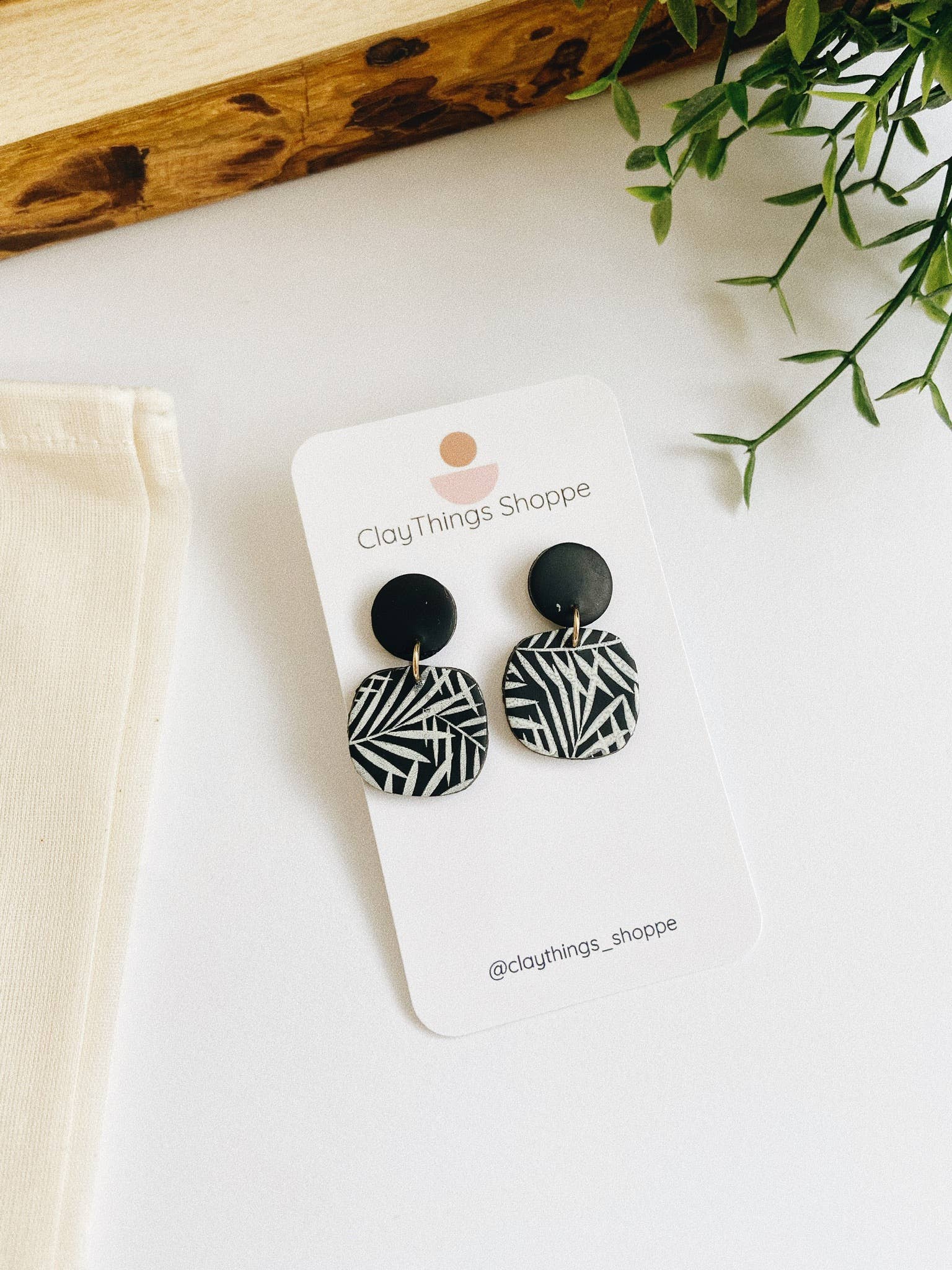 Organic Jessie in B/W Palm Leaves, Polymer Clay Earrings