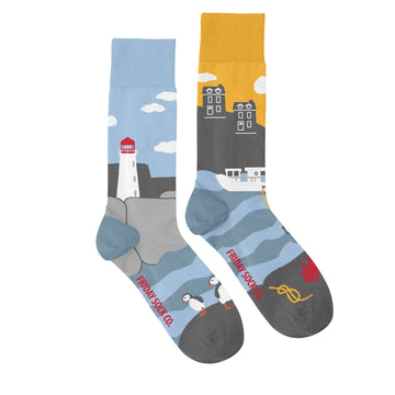 Men's Socks | Canadian Landscape | East Coast | Mismatched - Mismatched handmade men's socks with Canadian East Coast lighthouse and town gift design.